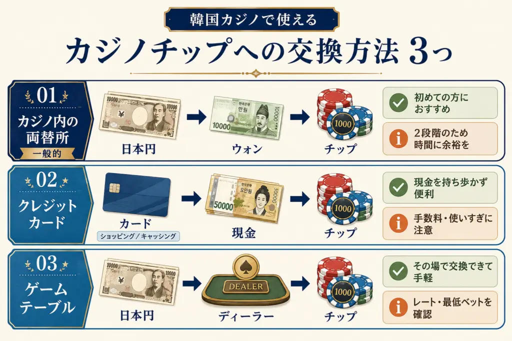 韓国カジノでチップに交換する3つの方法。両替所で日本円をウォンに替える方法、クレジットカードから現金化する方法、ゲームテーブルで日本円を直接交換する方法を比較。