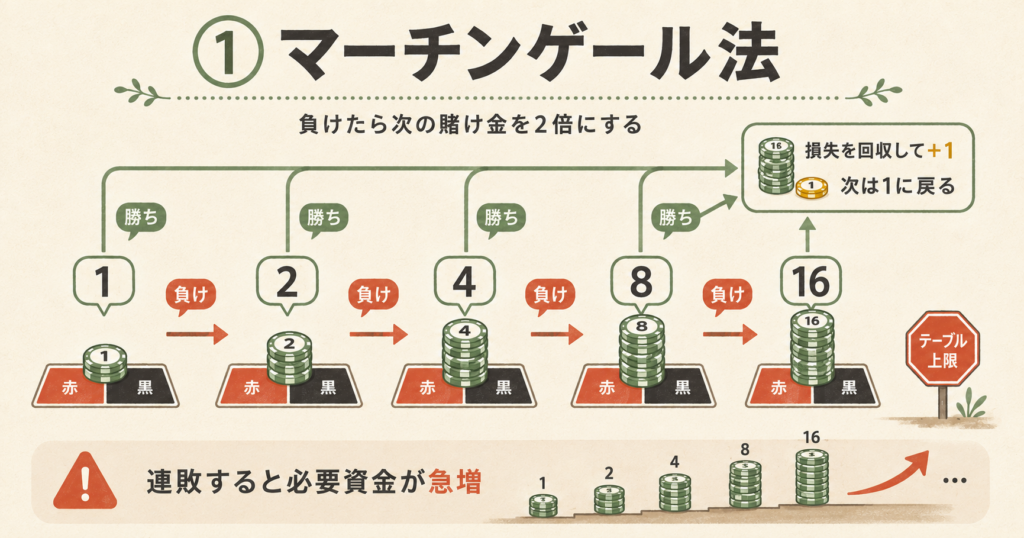 マーチンゲール法で負けるたびに賭け金を1・2・4・8・16と倍にし、勝てば損失を回収して1に戻す流れと、連敗による資金急増のリスクを示した図解